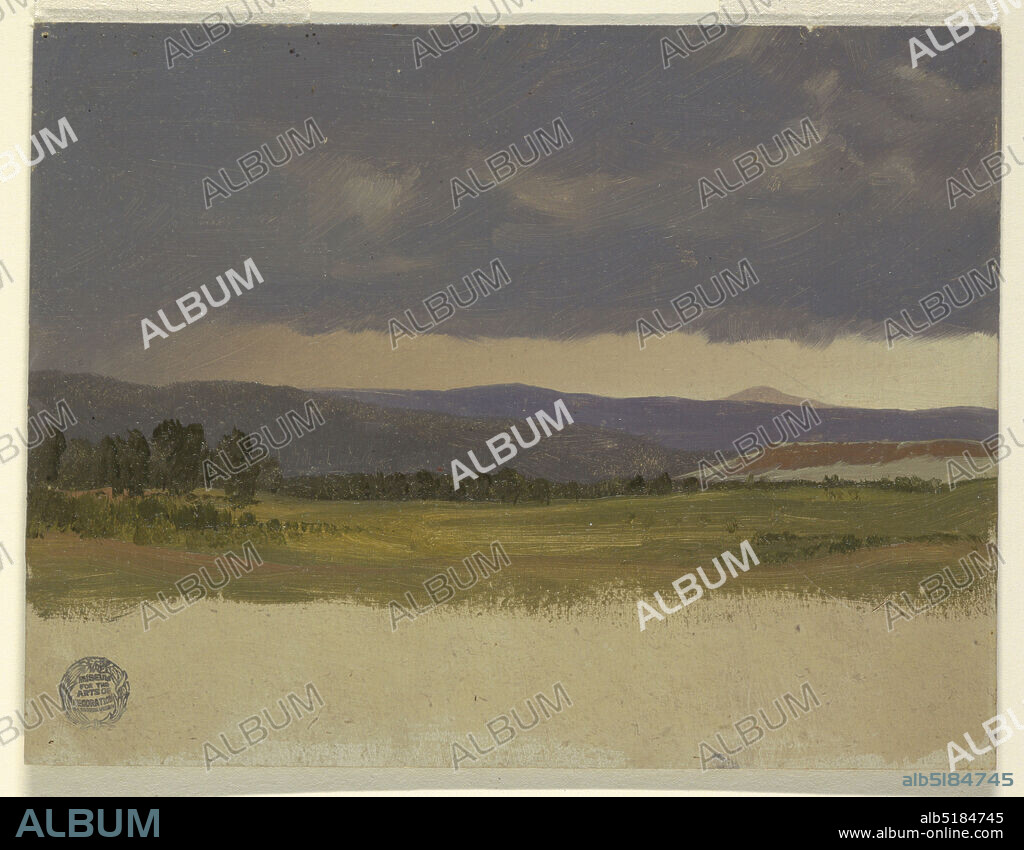Blue Hill under Low Clouds, Frederic Edwin Church, American, 18261900, Brush and oil paint, graphite on heavy paperboard, View across a plain with woods and meadows toward hills under a cloudy sky. The end of a moraine is in the right middle distance; a mountain peak in the right background. Unfinished along lower edge leaving gray ground exposed., USA, 186970, landscapes, Drawing, Drawing.