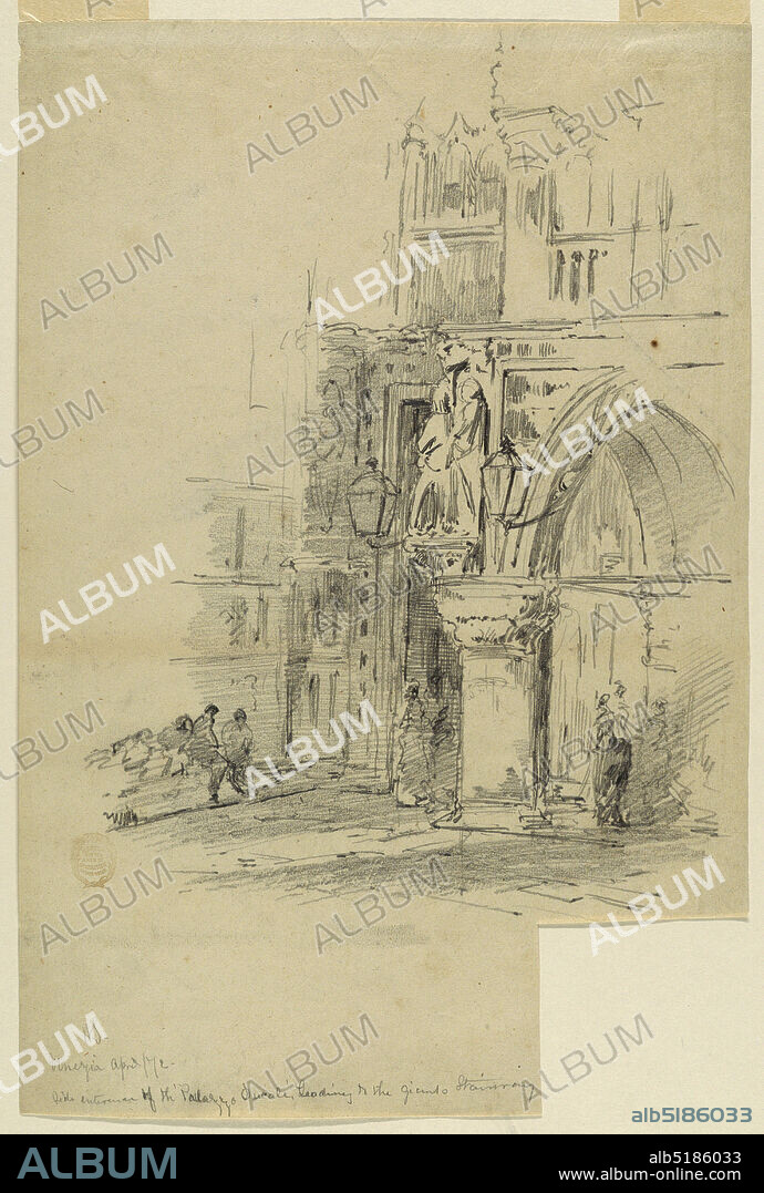 Porta della Carta, Palazzo Ducale, Venice, Walter Shirlaw, American, b. Scotland, 18381909, Graphite on paper, Shown from southwest. The corner column of the Loggia with the Judgment of Solomon in the right foreground. The second floor of the palace and the lower part of St. Mark's are shown. People seated upon the bench., Venice, Italy, April 1872, architecture, Drawing, Drawing.