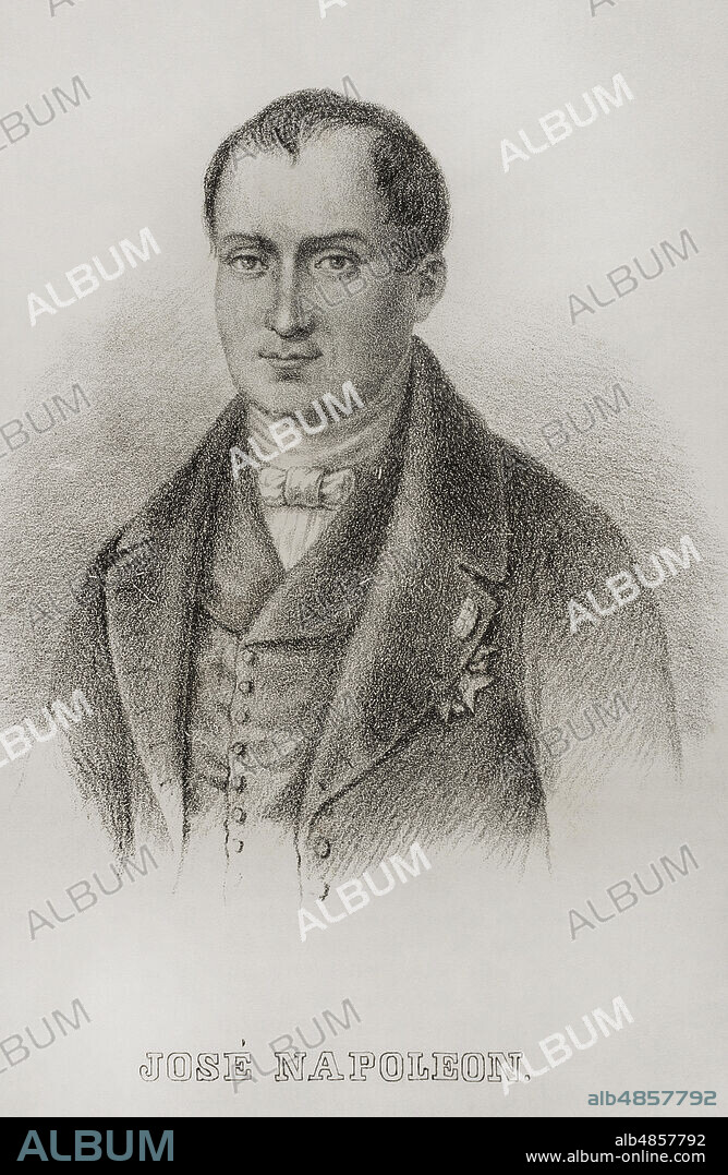 José I Bonaparte (1768-1844). Rey de Nápoles (1806-1808) y de España (1808-1813). Hermano mayor de Napoleón I, quien le concedió el trono español, provocando el alzamiento del 2 de mayo de 1808. Retrato. Historia del Levantamiento, Guerra y Revolución de España, por el Conde de Toreno. Madrid,1852.