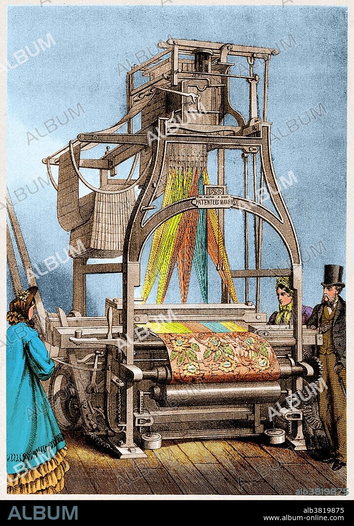A mechanical Jacquard loom, front and rear elevations. Engraving by Pegard after L. Guiguet. This device for weaving textiles was invented in 1804 by the French weaver and inventor Joseph Marie Jacquard (1752-1834). It had a number of novel design features and was the first to be automatically controlled. It was controlled by a number of perforated cards, the holes corresponding to the weave pattern. When this was introduced into factories, there were riots among workers who feared losing their jobs.