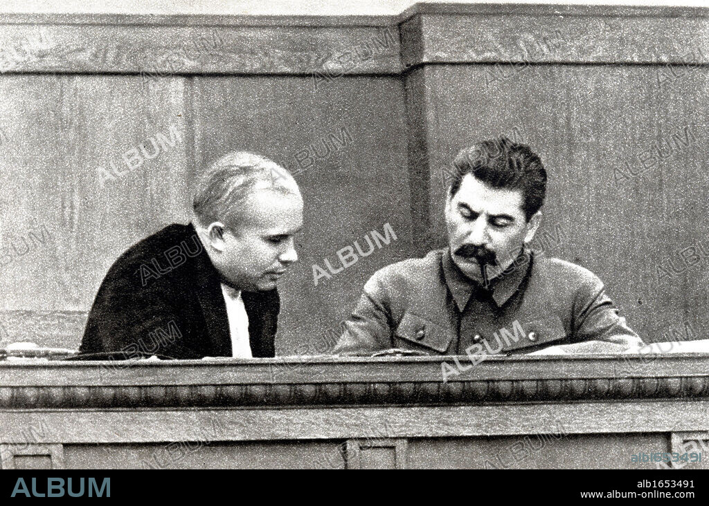 Joseph Stalin and Nikita Khrushchev in 1936. Stalin 1878 -  1953, was Soviet Russia's leader from 1924-1953.Nikita Khrushchev 1894 -  1971, was leader of Soviet Russia from 1953-1964.