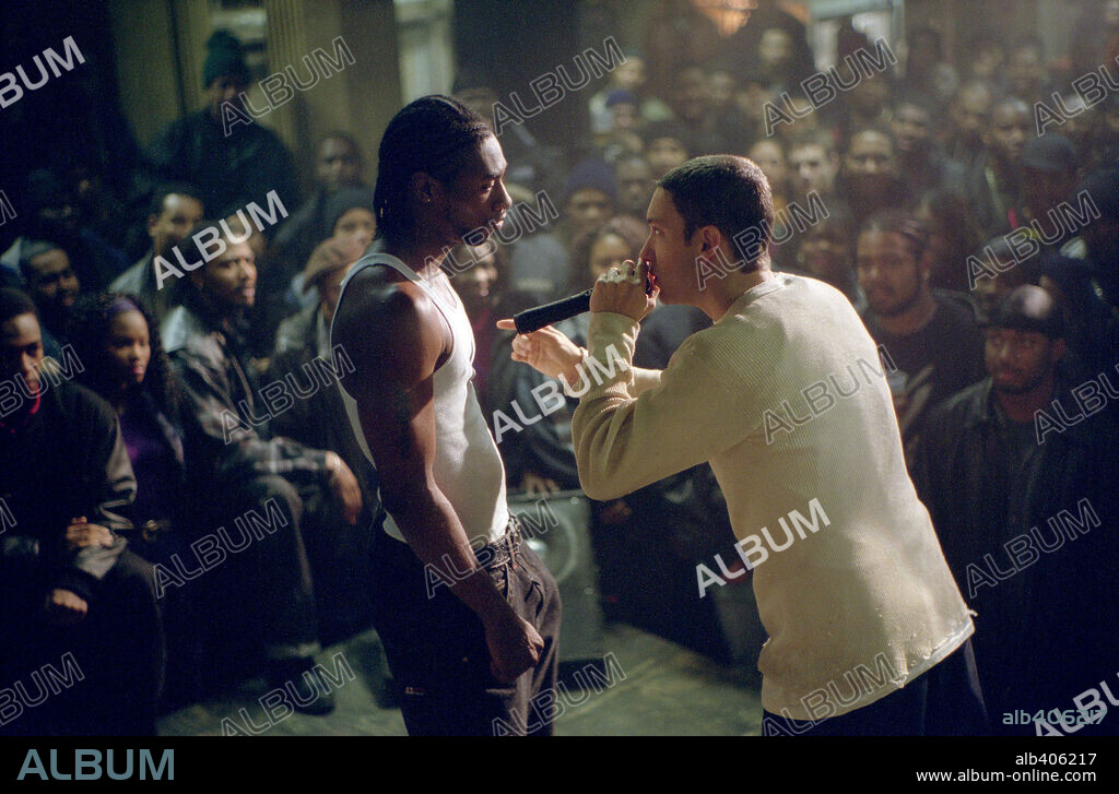 EMINEM and NASHAWN BREEDLOVE in 8 MILE, 2002, directed by CURTIS HANSON. Copyright UNIVERSAL STUDIOS / REED, ELI.