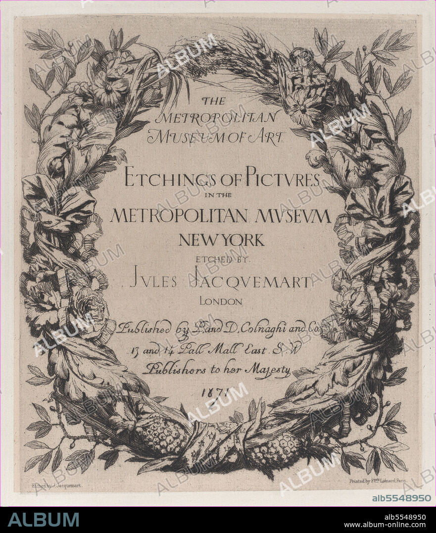 JULES-FERDINAND JACQUEMART. Title page, Etchings of Pictures in the Metropolitan Museum New York, 1871.