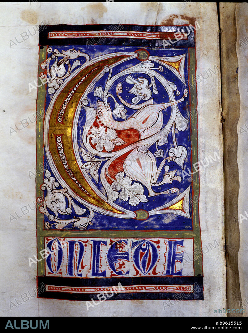 Drop cap 'C' illuminated with a quadruped and floral motifs in the 'Sacramentary of San Juan de las Abadesas'  manuscript on parchment made?? probably in the scriptorium of Tortosa, c 1170 - 1190.