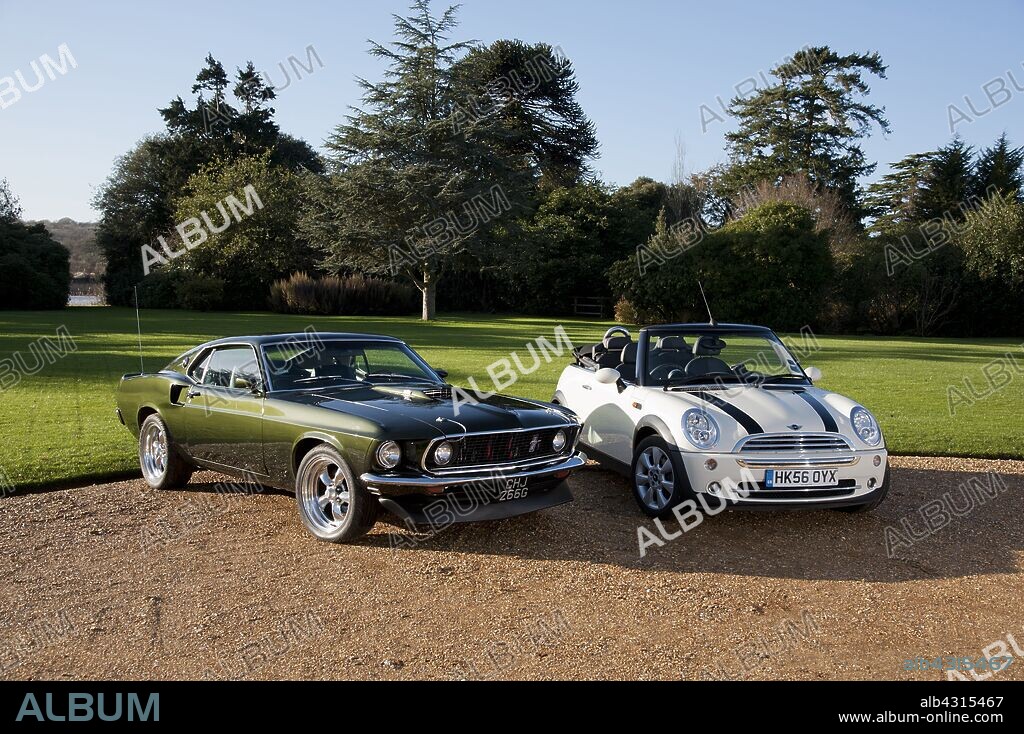 1968 Ford Mustang with 2006 Mini Cooper convertible.
