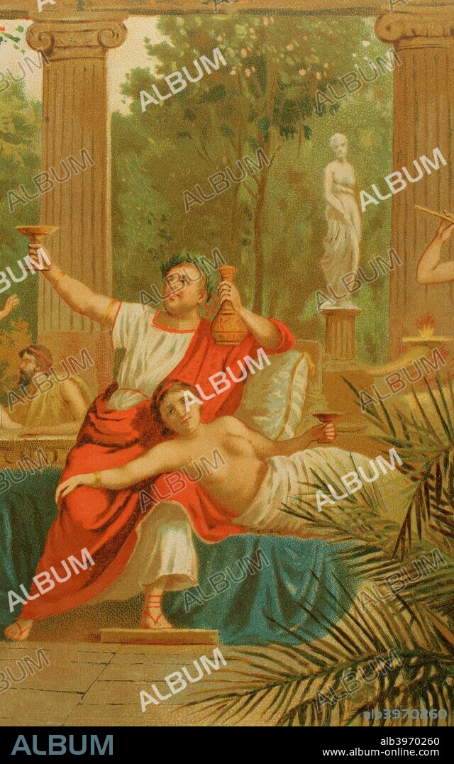 Nerón Cladio Cesar Augusto Germánico (37-68 d. C.). Emperador romano de la dinastía Julio-Claudia. Escena del emperador Nerón participando en una bacanal. Cromolitografía, detalle. La Civilización, tomo II, 1881. Biblioteca Histórico Militar de Bacelona, Cataluña, España.