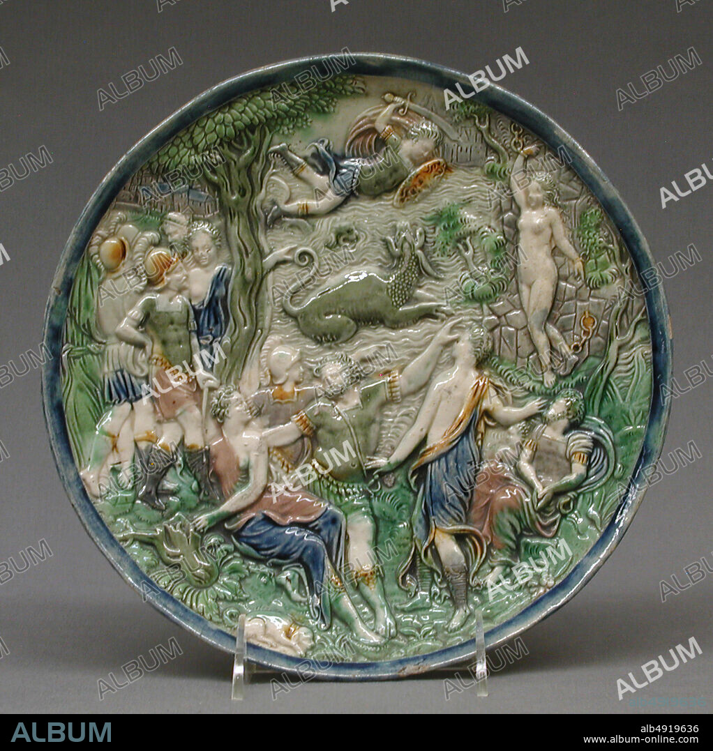 Manner of Bernard Palissy, Plate, French, Fontainebleau or Avon, Manner of Bernard Palissy (French, Agen, Lot-et-Garonne 15101590 Paris), late 16thearly 17th century, French, Fontainebleau or Avon, Lead-glazed earthenware, Overall, irregular diameter: 1 13/16 × 10 1/16 × 9 15/16 in. (4.6 × 25.6 × 25.2 cm), Ceramics-Pottery.