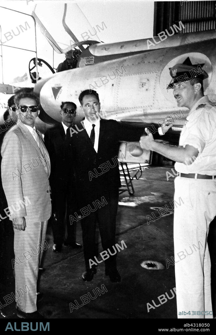 King Mahendra of Nepal, with Shimon Peres Director of the Israeli Defence Ministry, and Ezer Weizman, commander of the Israeli Air Force 1958.