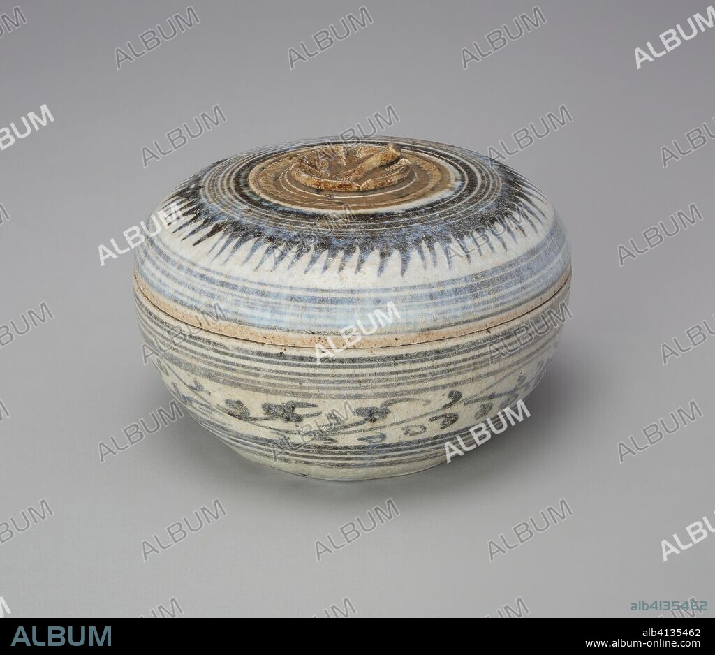 SIAMESE. Sawankhalok Ware Covered Box. Thailand, Sukhothai Province, Si Satchanalai. Date: 1301-1500. Dimensions: 8.2 × 12.2 × 12.2 cm (3 3/16 × 4 13/16 × 4 13/16 in.). Glazed stoneware with iron-brown and blue-grey underglaze. Origin: Sawankhalok.