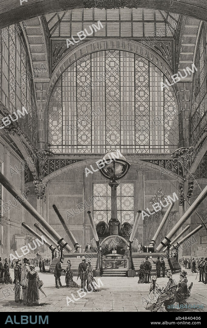 Historia de Francia. Siglo XIX. Exposición Universal de París 1878. Celebrada entre el 1 de mayo y el 10 de noviembre de 1878. Industria metalúrgica. Interior del Pabellón de los Cobres en el Campo de Marte. Grabado. La Ilustración Española y Americana, 1878.