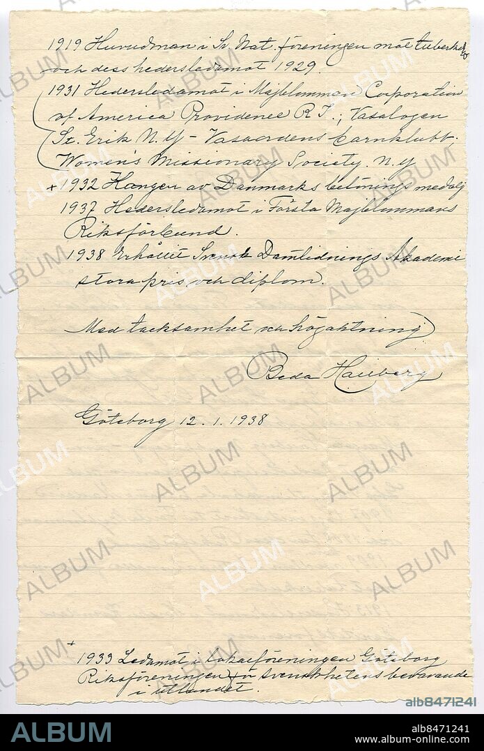 GÖTEBORG 19380112. Majblommans grundare, Beda Hallberg, sände 12 januari 1938 ett foto av sig själv tillsammans med ett brev till Dagens Nyheters Bildarkiv med en presentation av sig själv.. Beda Hallberg började sälja majblommor för att hjälpa. tuberkulossjuka. Sjukdomens härjningar hade hon upplevt på nära håll hemma vid gården Presse i Onsala i norra. Halland, där hon tillsammans med sin mamma besökte drabbade hem för att hjälpa till (brevets första sida se annan bild). Kod: 194 SCANPIX.