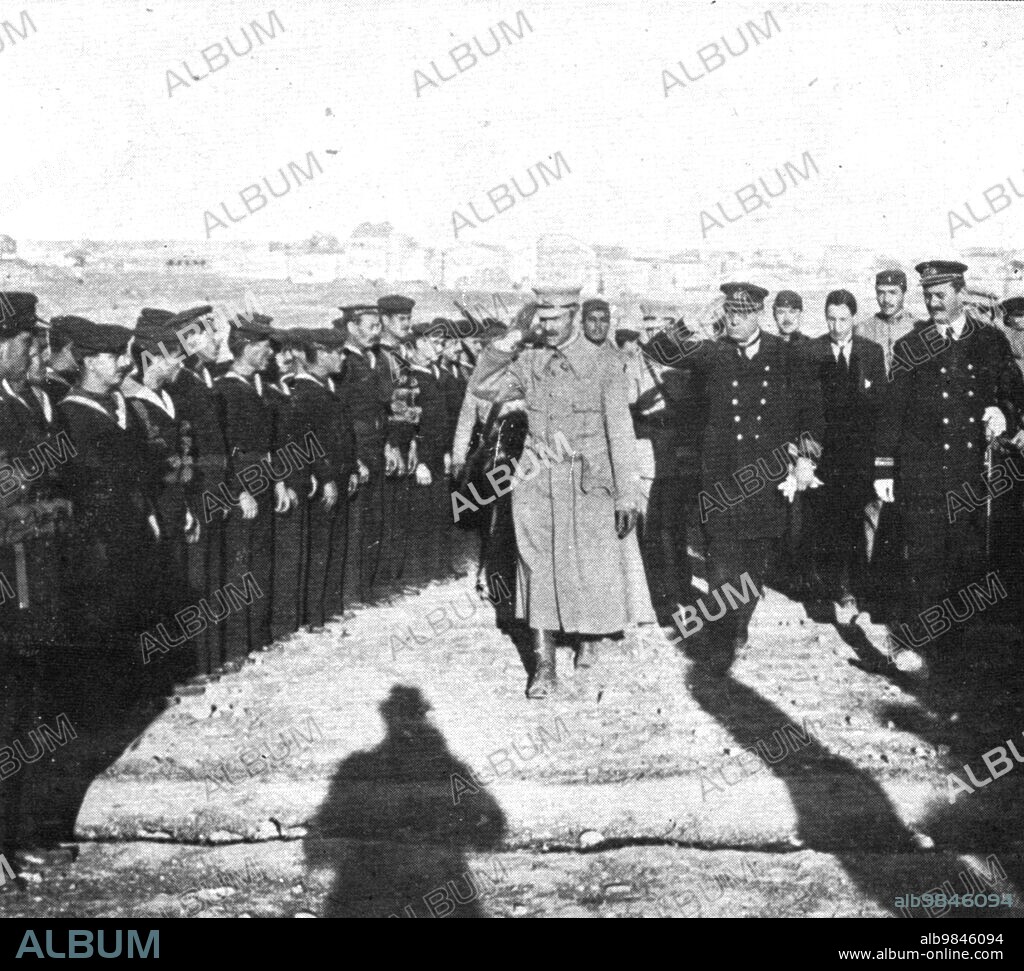 'Coup d'etat in Portugal; Mr. Sidonio Pais, head of the new government, and Captain Machado Santos review, at Campolide, the sailors who fought for the old government', 1917. From "L'Album de la Guerre 1914-1919, Volume 2" [L'Illustration, Paris, 1924].