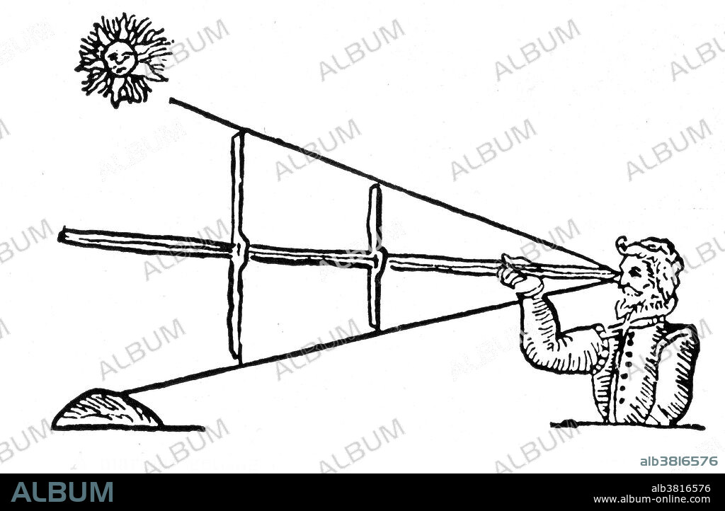The term cross-staff, also Jacob's staff, ballastella, balestilha, or fore-staff is used to refer to several things. The two most frequent uses are: in astronomy and navigation for a simple device to measure angles, and in surveying for a vertical rod that penetrates the ground and supports a compass or other instrument. The cross-staff consisted of a long staff with a perpendicular vane which slides back and forth upon it. The staff is marked with graduated measurements - calculated by trigonometry. The angles can then be measured by holding it so the ends of the vane are level with the points to be measured. Early in the sixteenth century it was already in use as a seaman's navigational instrument.