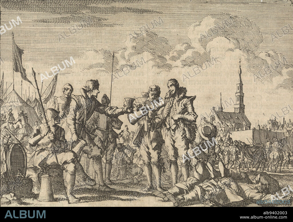 Friendly meeting of Spanish and Dutch soldiers during a truce at the siege of Breda, 1637, print maker: Jan Luyken, publisher: Pieter van der Aa (I), print maker: Amsterdam, publisher: Leiden, 1698, paper, etching, letterpress printing, h 112 mm × w 156 mm.