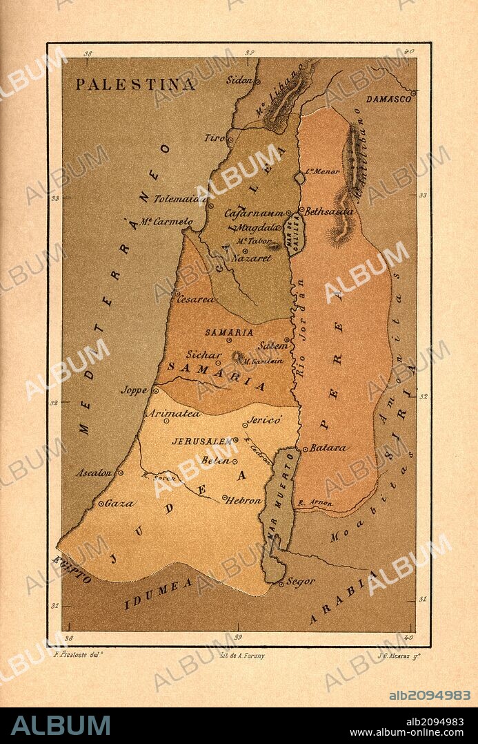 Mapa de Palestina publicado en el libro Historia Universal, de Felipe Picatoste. Madrid, 1890.
