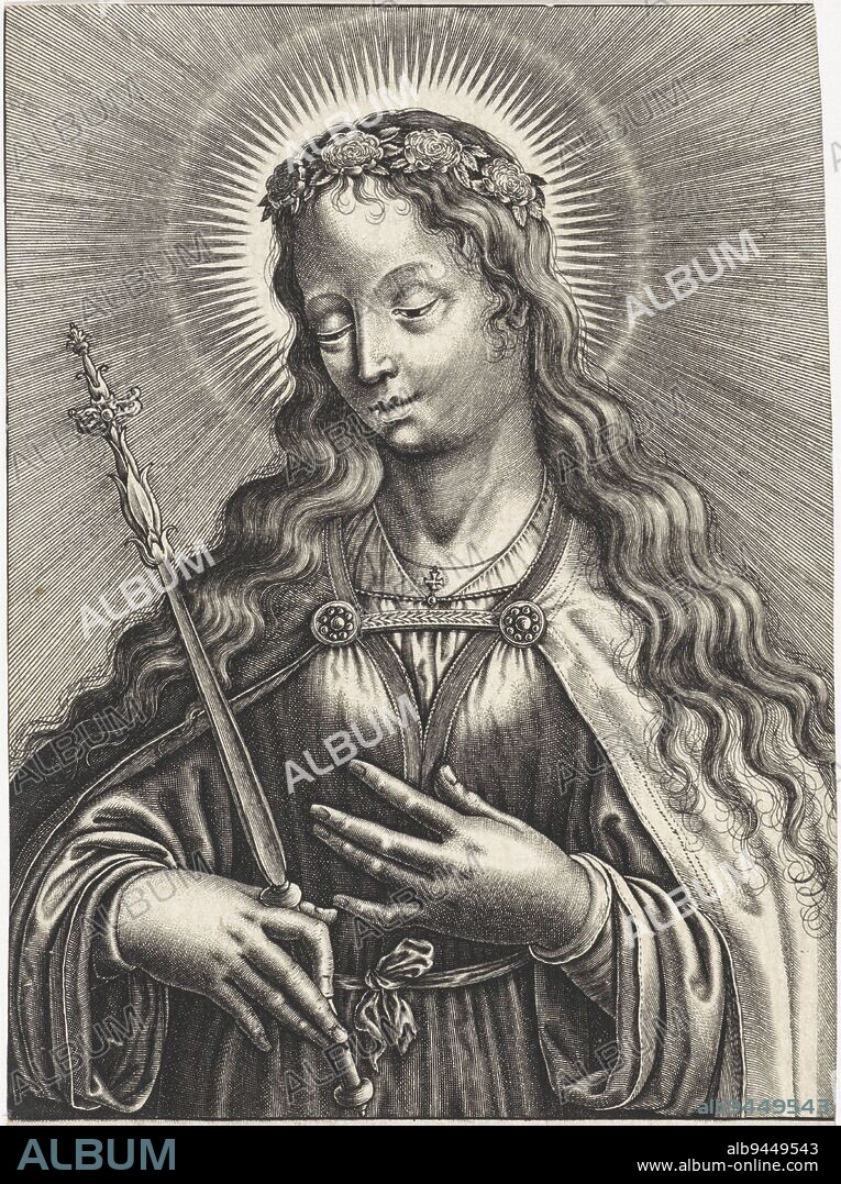 The Virgin Mary, dressed in a cloak, with rosary in her hair. One hand she holds to her breast, in her other she holds a scepter. In the margin a three-line Bible quotation from Highl. 7 in Latin, Mary, holding scepter, print maker: Wierix, (possibly), publisher: Michael Snijders, (mentioned on object), , Antwerp, 1610 - 1672, paper, engraving, h 141 mm × w 87 mm.