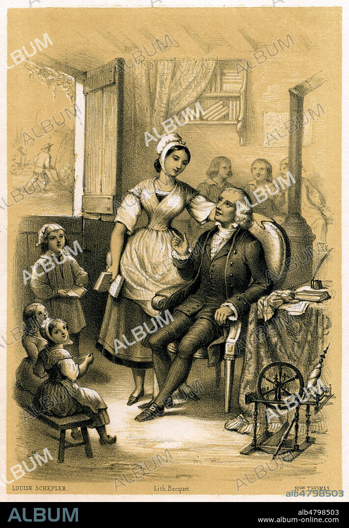 Invention de l'ecole maternelle : Louise SCHEPPLER (1763-1837) et Jean Frederic OBERLIN (1740-1826), dans leur ecole maternelle en Alsace, vers 1770. Illustration de 1844 par Napoleon THOMAS (19 s.) pour Les Anges de la Terre par A. E. de SAINTES (19 s.). Credit : Collection Jonas/Kharbine-Tapabor.
