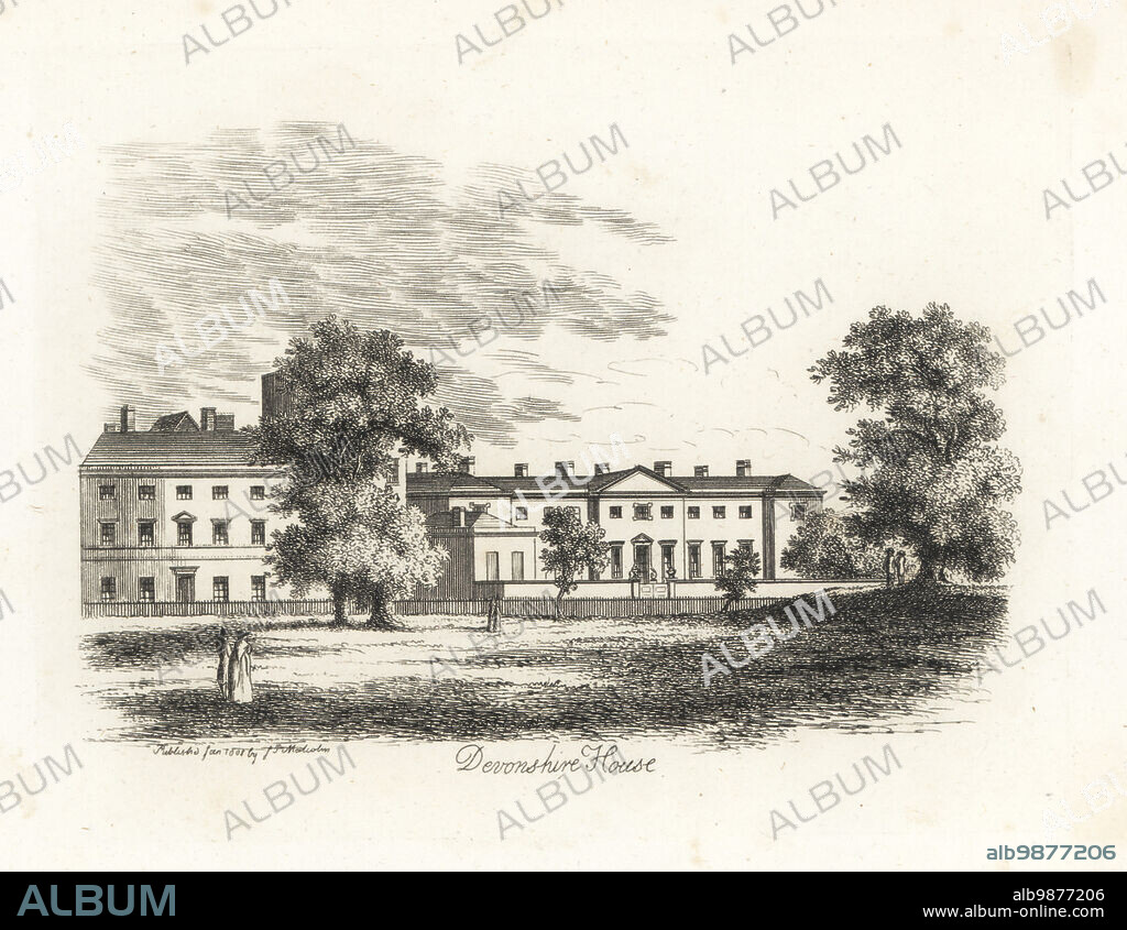 View of Devonshire House, Piccadilly, London, 1807. Built in the Palladian style with 11 bays for William Cavendish, 3rd Duke of Devonshire. Copperplate drawn and engraved by James Peller Malcolm from his Anecdotes of the Manners and Customs of London during the 18th Century, Longman, Hurst, London, 1808. Malcolm (1767-1815) was an American-English topographer and engraver, Fellow of the Society of Antiquaries.
