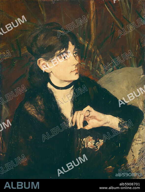 EDOUARD MANET. Morisot, Berthe; French painter (married Eugène Manet in 1877; model for painter Édouard Manet); Bourges 14 January 1841-Paris 2 March 1895. "Berthe Morisot tenant un éventail" (Berthe Morisot, holding a fan). Painting, 1874, by Édouard Manet (1832-1883). Oil on canvas, 61 × 50 cm. Private Collection.