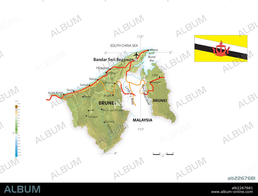 Brunei. Physical and political map of Brunei.