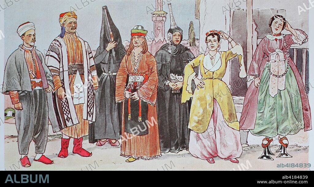 Clothes, fashion in Arabia, from the left, a Mohammedan from Lebanon, then a Fellache, a peasant, then a Druze woman from Lebanon, a fellah woman and a Drusin from the Damascus region, a dancer from Damascus and a damask woman on wooden stool shoes, the Kabkabs, digital improved reproduction from an original from the year 1900.