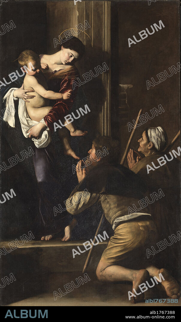 Madonna di Loreto, by Michelangelo Merisi known as Caravaggio, 1604-1606 about, 17th Century, oil on canvas, cm 260 x 150. Italy, Lazio, Rome, SantAgostino Church, Cavalletti Chapel. All. The Virgin Mary holding the Infant Jesus in her arms threshold kneeling characters pilgrims sticks commoners scruffy beggars., photographic campaign 2009.