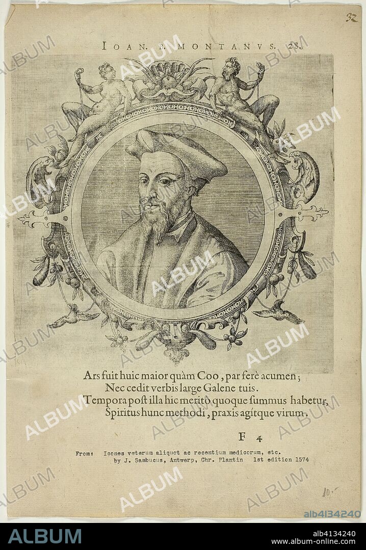 Portrait of Joan B. Montanus. Unknown Artist (Flemish); written by Johannes Sambucus (Flemish, 1531-1584). Date: 1574. Dimensions: 193 × 195 mm (image/plate); 312 × 216 mm (sheet). Etching, with engraving, on cream laid paper. Origin: Flanders.