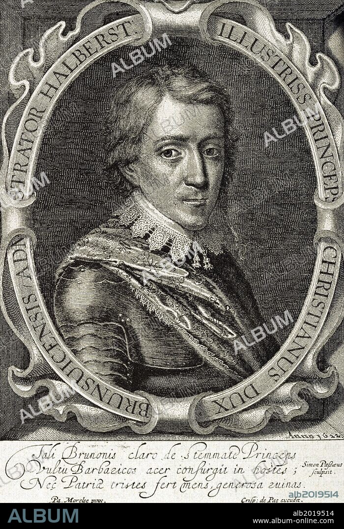 CRISTIAN DE BRUNSWICK, o Christian, Duque de Brunswick-Lüneburg (1599-1626). Obispo luterano de Halberstadt. Líder militar Alemán durante la Guerra de los Treinta Años, en donde se ganó la reputación de fanático Religioso. Grabado.