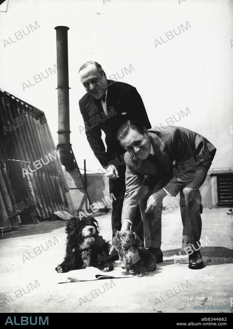 Basil Radford and Naunton Wayne assist Angela and George the dogs who appear in "It's Not Cricket" with them -- to read their script on the roof of Shepherd's Bush Studios during a break in filming."It's Not Cricket", Gainsborough's farcical comedy is produced by Betty Box and stars Basil Radford and Naunton Wayne, Maurice Denham, Susan Shaw and Nigel Buchanan.Basil Radford and Naunton Wayne with Angela and George, who appear in It's Not Criket. May 02, 1949. (Photo by J. Arthur Rank Organisation Ltd.).