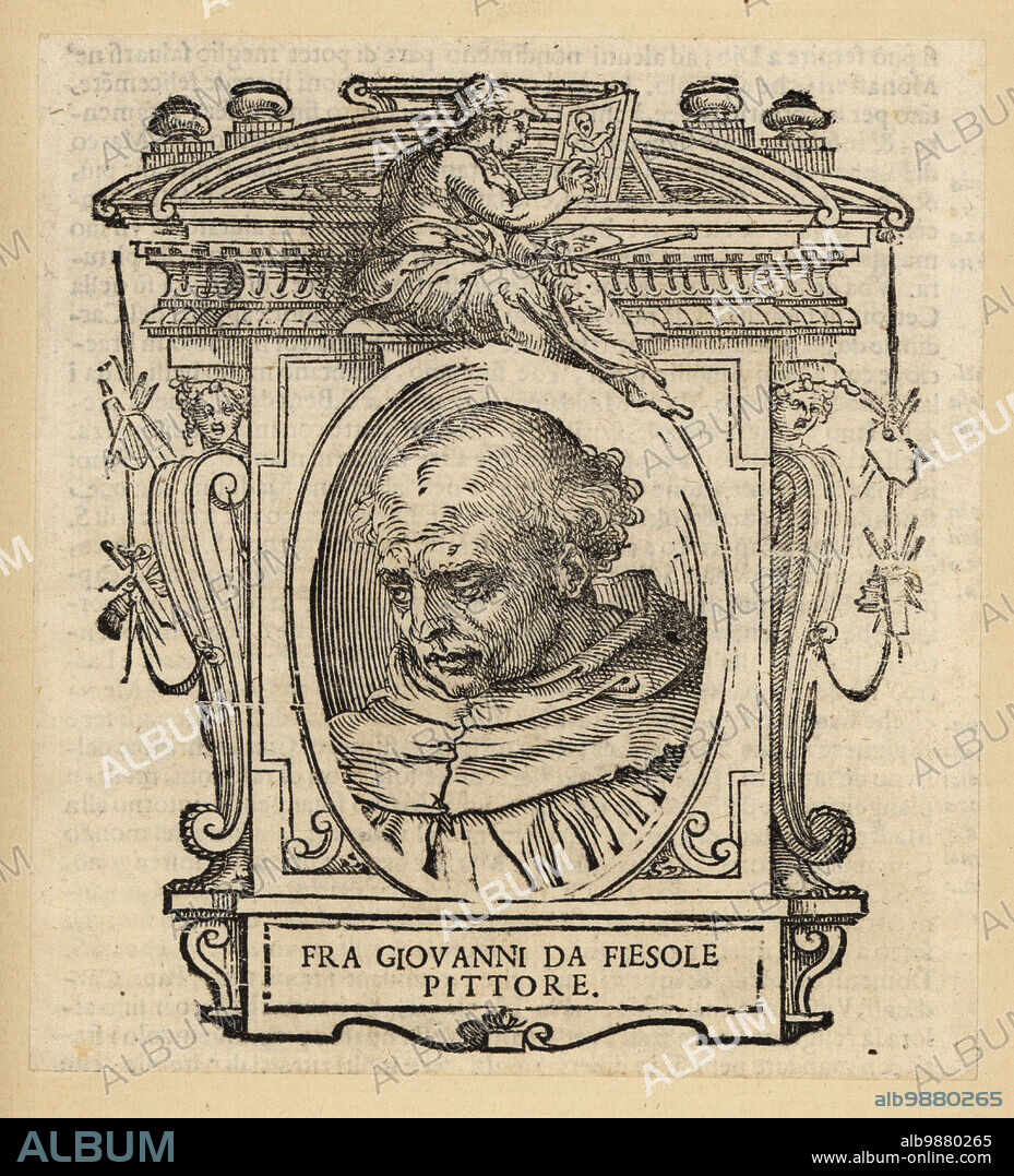 Portrait of Fra Angelico, Italian painter of the Early Renaissance, c.1395-1455. Fra Giovanni da Fiesole Pittore, Beato Angelico, Fra Giovanni Angelico. Woodcut from Giorgio Vasaris Le vite de piu eccellenti pittori, scultori, et architettori, The Lives of the Most Excellent Painters, Sculptors and Architects, Florence, 1678.