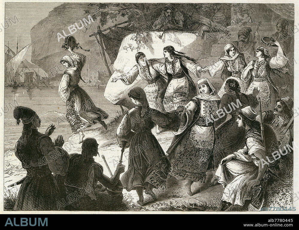Volkskunde:. Griechenland. "Die Romaika, griechischer Nationaltanz". Holzstich, 1868, nach Zeichnung von Carl Huth. Aus: Illustrirte Zeitung, 50. Bd., Nr. 1300, Leipzig, 30. Mai 1868, S. 380. Berlin, Sammlung Archiv für Kunst und Geschichte.