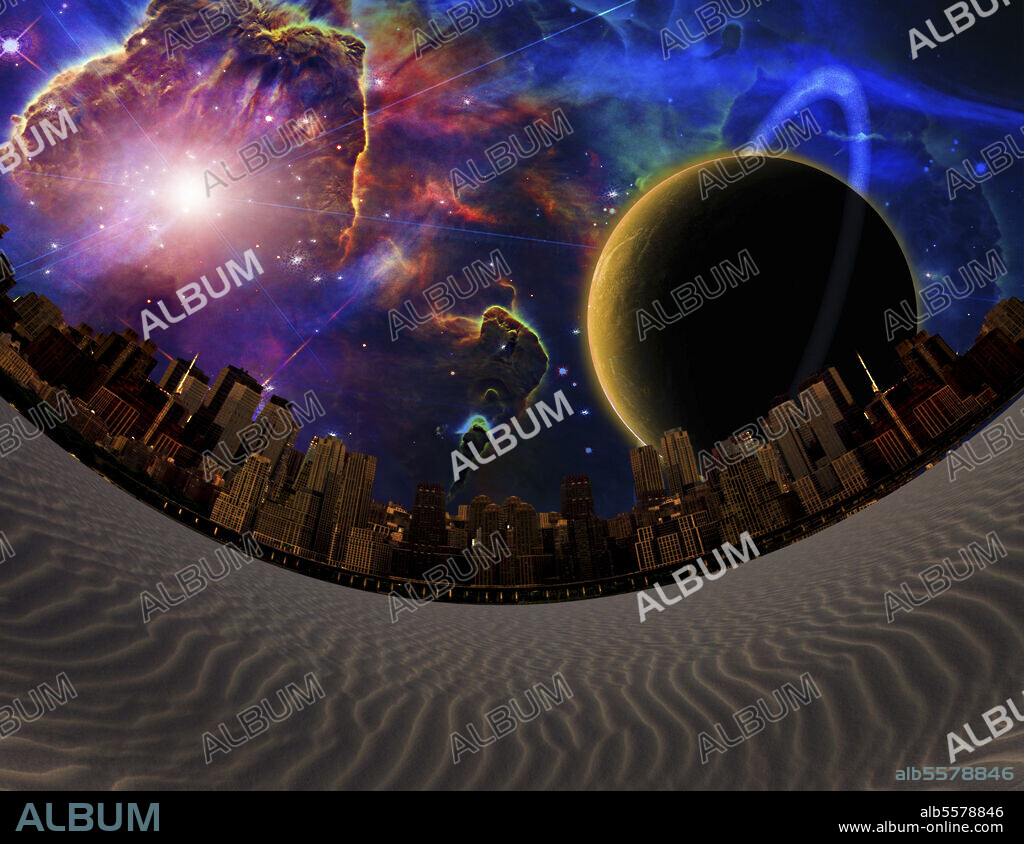 Surreal landscape. Desert City. Big planet in vivid galaxy.
