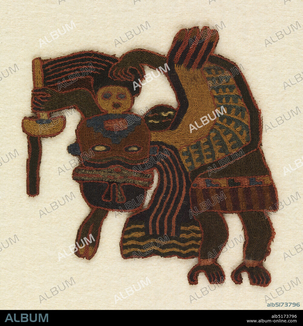 Fragment, Medium: wool Technique: embroidered in stem stitch on plain weave, Flying or floating masked human figure holding a wand or a fan and a trophy head. Embroidered in strong colors of deep brown, tobacco brown, blue, red, and ochre., Peru, 300100 BC, embroidery & stitching, Fragment.