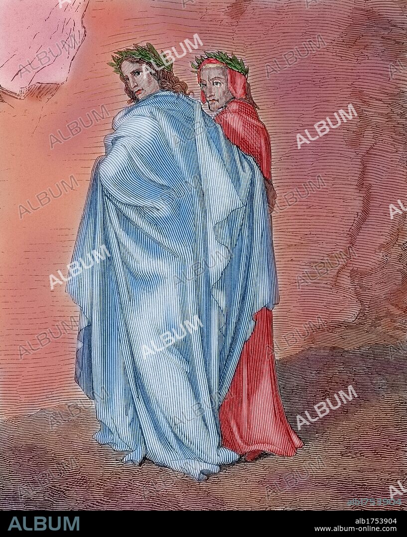 "LA DIVINA COMEDIA". Poema escrito en toscano donde se relata el viaje de su autor, DANTE ALIGHIERI, para llegar a la CONTEMPLACION DIVINA. "VIRGILIO Y DANTE RECORRIENDO EL INFIERNO". Grabado de Gustavo DORE. Coloreado.