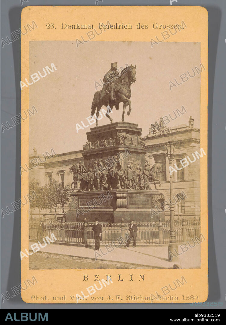 Equestrian statue of Frederick the Great, Unter den Linden, Berlin, Denkmal Friedrich des Grossen (title on object), Berlin (series title on object), Johann Friedrich Stiehm (mentioned on object), Christian Daniel Rauch, Berlin, 1880, paper, cardboard, albumen print, height 106 mm × width 67 mm.