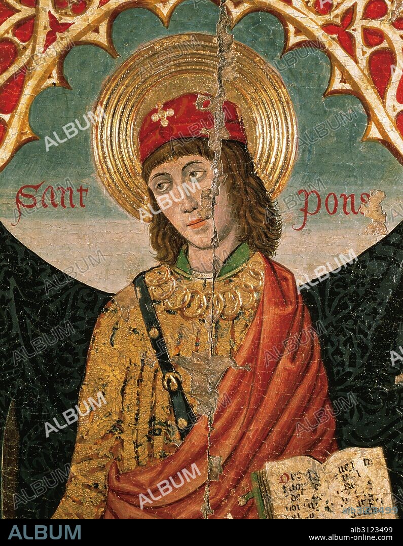 "RETABLO DE SANT PONÇ" (SAN PONCIO). Temple sobre madera de pino. Obra del maestro Pere Garcia de Benavarri y Taller (Pere Espalargues?). Tamaño: 150 x 135 cm. Procedencia incierta: Obispado de Lleida (posiblemente de la franja de Ribagorça). Museu Diocesà i Comarcal de Lleida. Cataluña.