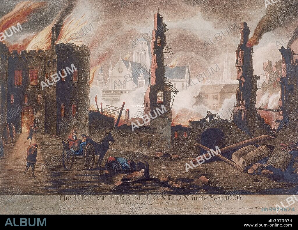 View of Ludgate, London, 1792; showing the gate on fire during the Great Fire of London 1666 at the point when the walls of Ludgate Gaol fell. Also showing St Paul's Cathedral and St Mary-le-Bow with families on the move.