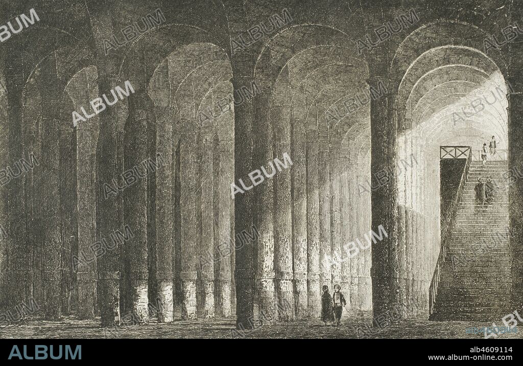Ottoman Empire. Turkey. Constantinople (today Istanbul). Cistern of Philoxenos or Binbirdirek Cistern, The 1001 columns. It was constructed under a palace in the 5th century. Justinian I restored the cistern in the 6th century. Engraving by Lemaitre, and Arnout. Historia de Turquia by Joseph Marie Jouannin (1783-1844) and Jules Van Gaver, 1840.