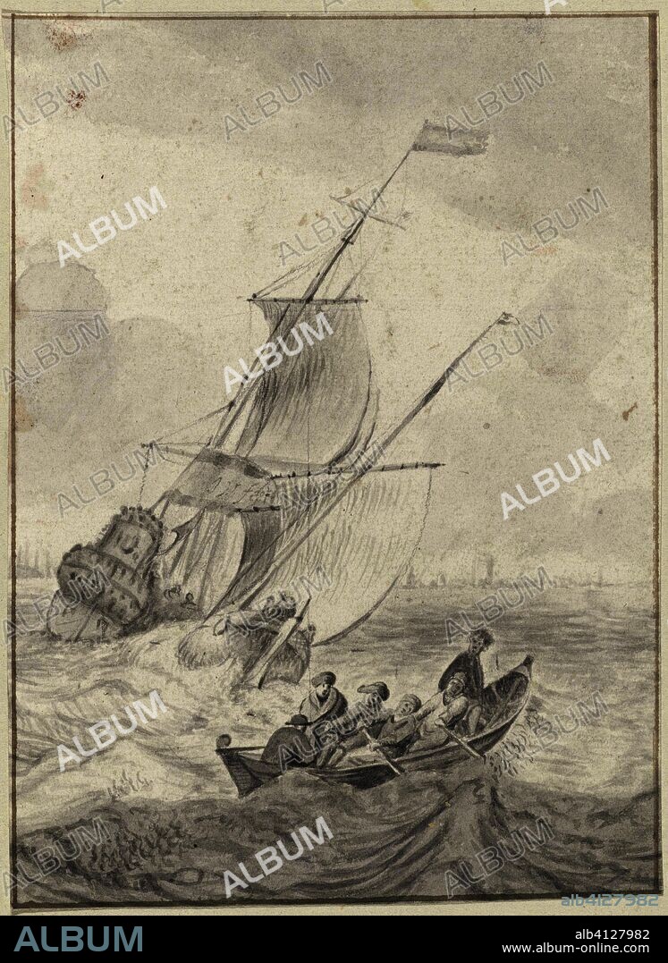 Two sailing ships and a rowing boat in stormy weather. Draughtsman: anonymous. Dating: c. 1650 - c. 1799. Place: Netherlands. Measurements: h 171 mm × w 127 mm.