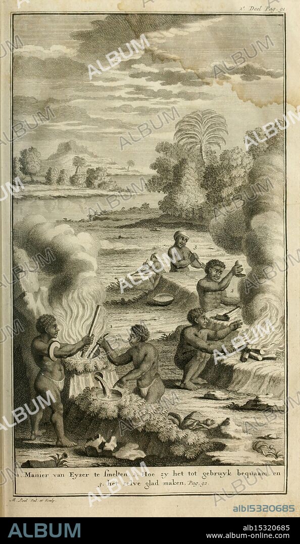 Naaukeurige en uitvoerige beschryving van kaap de Goede Hoop, Amsterdam, By B. Lakeman, 1727, South Africa, natural history, Cape of Good Hope, description and travel, Cape of Good Hope South Africa, Khoikhoi African people, The scene depicts a group of individuals gathered around a fire, engaged in various activities associated with food preparation and community interactions. In the foreground, two figures are shown using tools to manage the fire and cook, while others are seen in the background, possibly involved in gathering or fishing. The landscape features lush vegetation and a calm water body, hinting at a natural setting. The depiction highlights the cultural practices related to sustenance and the social dynamics within this community. Smoky plumes rise from the cooking area, emphasizing the communal nature of the meal preparation.