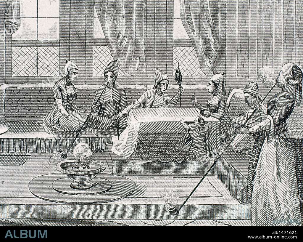 IMPERIO OTOMANO. TURQUIA. Interior de una CAFETERIA, lugar de discusión y ocio donde los cortesanos se reunían para poder fumar el "Chibuk" o el "Narguille". PALACIO DE TOPKAPI. Grabado del s. XIX.