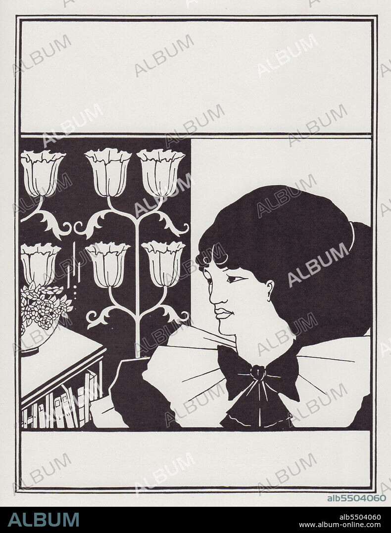 AUBREY BEARDSLEY. Cover Design for The Yellow Book, Vol II, 1894. A woman wearing a starched dress with bow, a bookcase, and a background of stylised tulips. From "The Best of Beardsley" edited by R. A. Walker, [The Bodley Head, London, 1948].