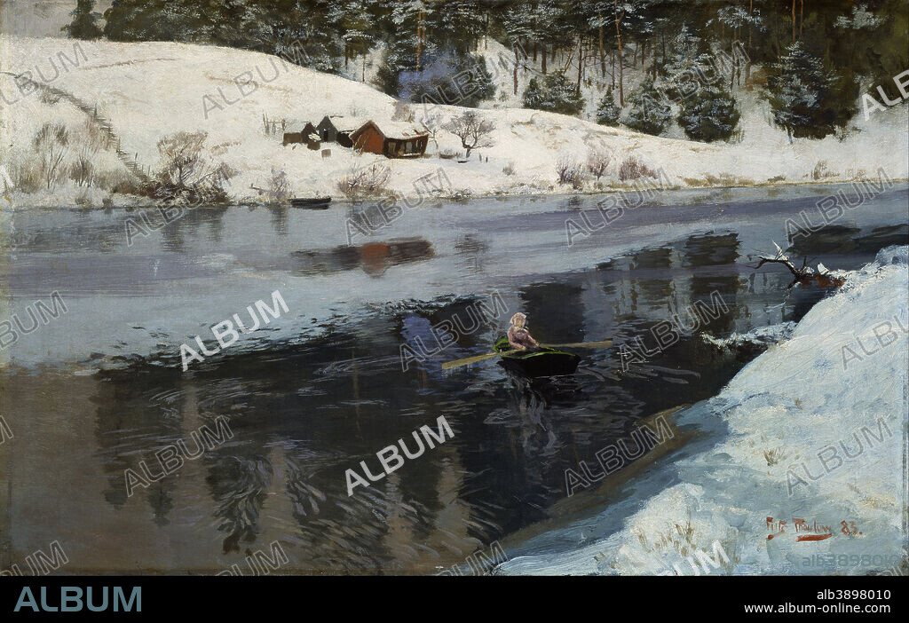 FRITS THAULOW. Winter at the River Simoa. Date/Period: 1883. Painting. Olje på lerret. Width: 78.5 cm. Height: 49.5 cm.