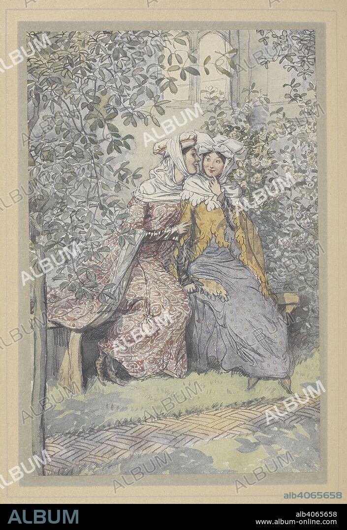 WILLIAM SHAKESPEARE. Mistress Page and Mistress Ford. A scene from 'The Merry Wives of Windsor.'. The Merry Wives of Windsor ... Illustrated by Hugh Thomson. London : William Heinemann, 1910. Source: Tab.538.a.13 frontispiece.
