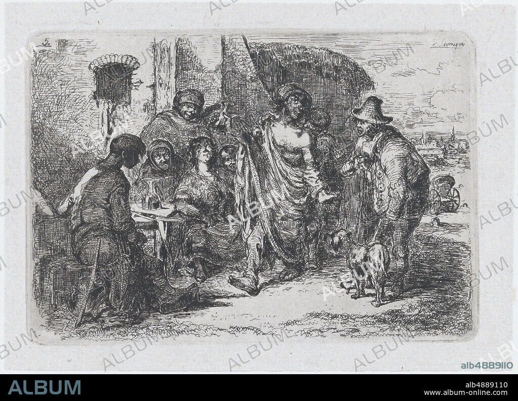 Francisco Lameyer y Berenguer, Plate 5: a drunk and dishevelled man dancing in the street surrounded by a group of onlookers, from the series of customs and pastimes of the Spanish people, Francisco Lameyer y Berenguer (Spanish, 18251877), 1850, Etching, Sheet: 4 15/16 × 6 13/16 in. (12.5 × 17.3 cm), Prints.
