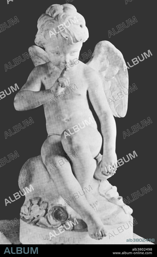 Seated Cupid by Etienne Maurice Falconet, 1757, housed in the Louvre Museum in Paris. Cupid is the god of desire, erotic love, attraction and affection. He is often portrayed as the son of the love goddess Venus, and is known in Latin also as Amor ("Love"). His Greek counterpart is Eros. Although Eros appears in Classical Greek art as a slender winged youth, during the Hellenistic period, he was increasingly portrayed as a chubby boy. During this time, his iconography acquired the bow and arrow that represent his source of power: a person, or even a deity, who is shot by Cupid's arrow is filled with uncontrollable desire.