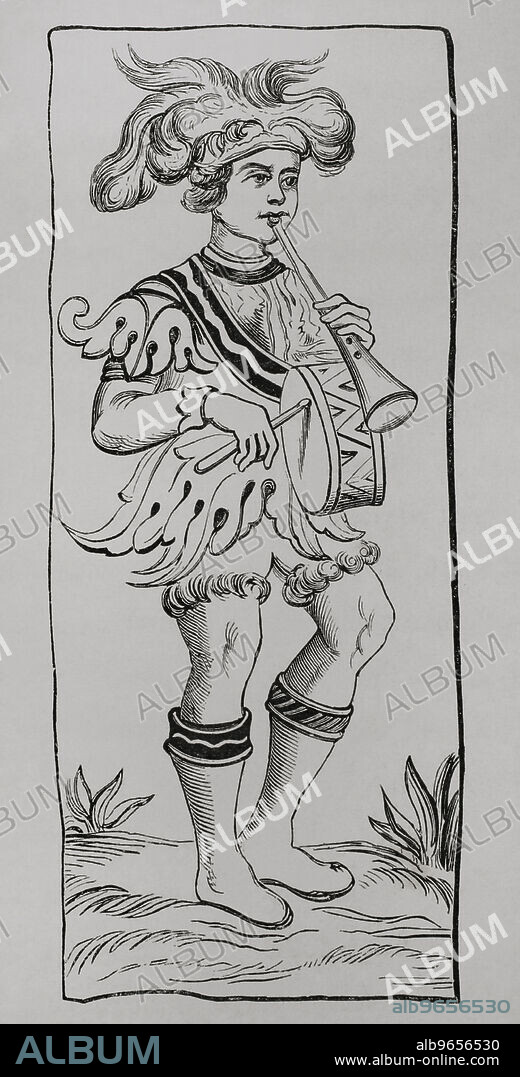 The Fool. Card from a 15th century Tarot Deck. Engraving. "Les Arts au Moyen Age et a l'Epoque de la Renaissance", by Paul Lacroix. Paris, 1877.