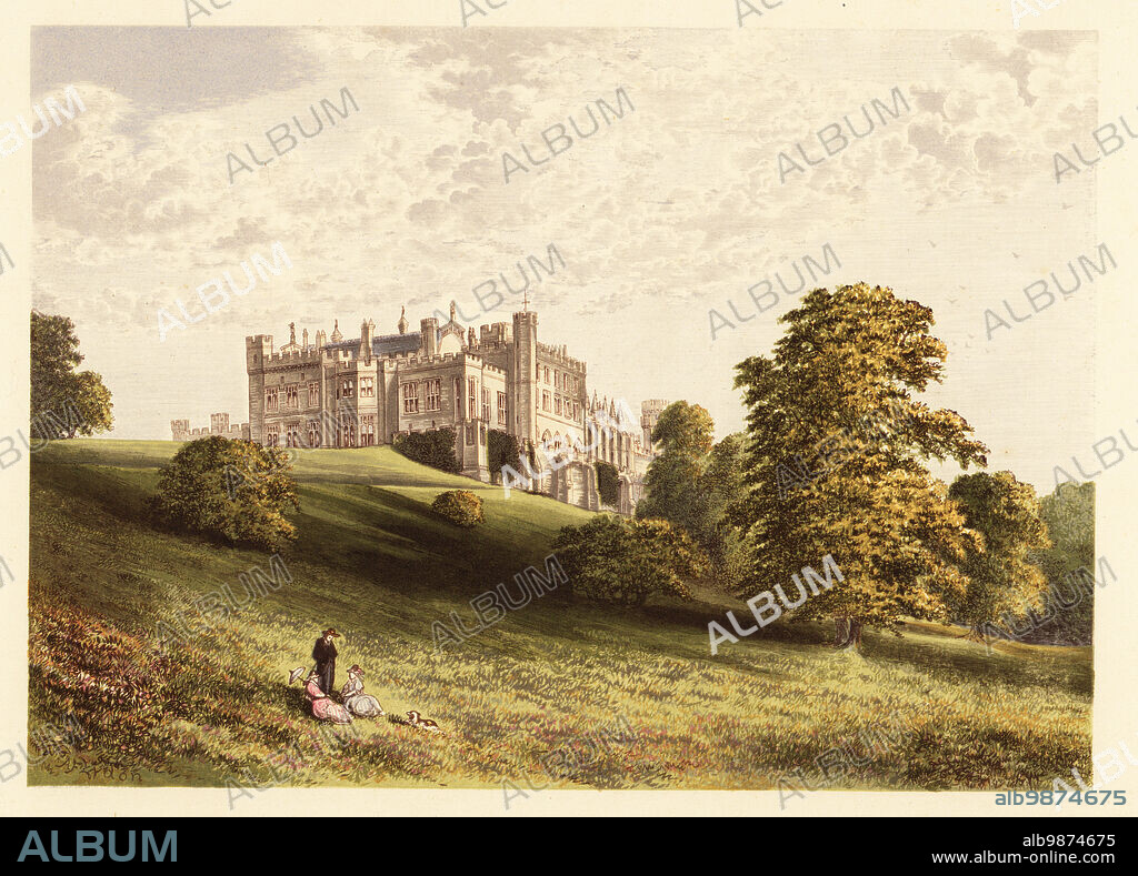 Lambton Castle., County Durham, England. Stately home in the style of a Norman castle built by architect Joseph Bonomi and his son Ignatius Bonomi between 1820 and 1828 for John Lambton, 1st Earl of Durham. Colour woodblock by Benjamin Fawcett in the Baxter process of an illustration by Alexander Francis Lydon from Reverend Francis Orpen Morriss Picturesque Views of the Seats of Noblemen and Gentlemen of Great Britain and Ireland, William Mackenzie, London, 1880.