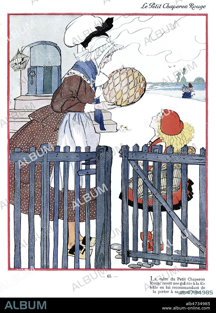 La mere du petit Chaperon rouge remis une galette a la fillette en lui recommandant de la porter a sa grand-mere. Illustration de 1927 par Felix LORIOUX (1872-1964) pour Contes de PERRAULT. ADAGP. Credit : Collection KHARBINE-TAPABOR.