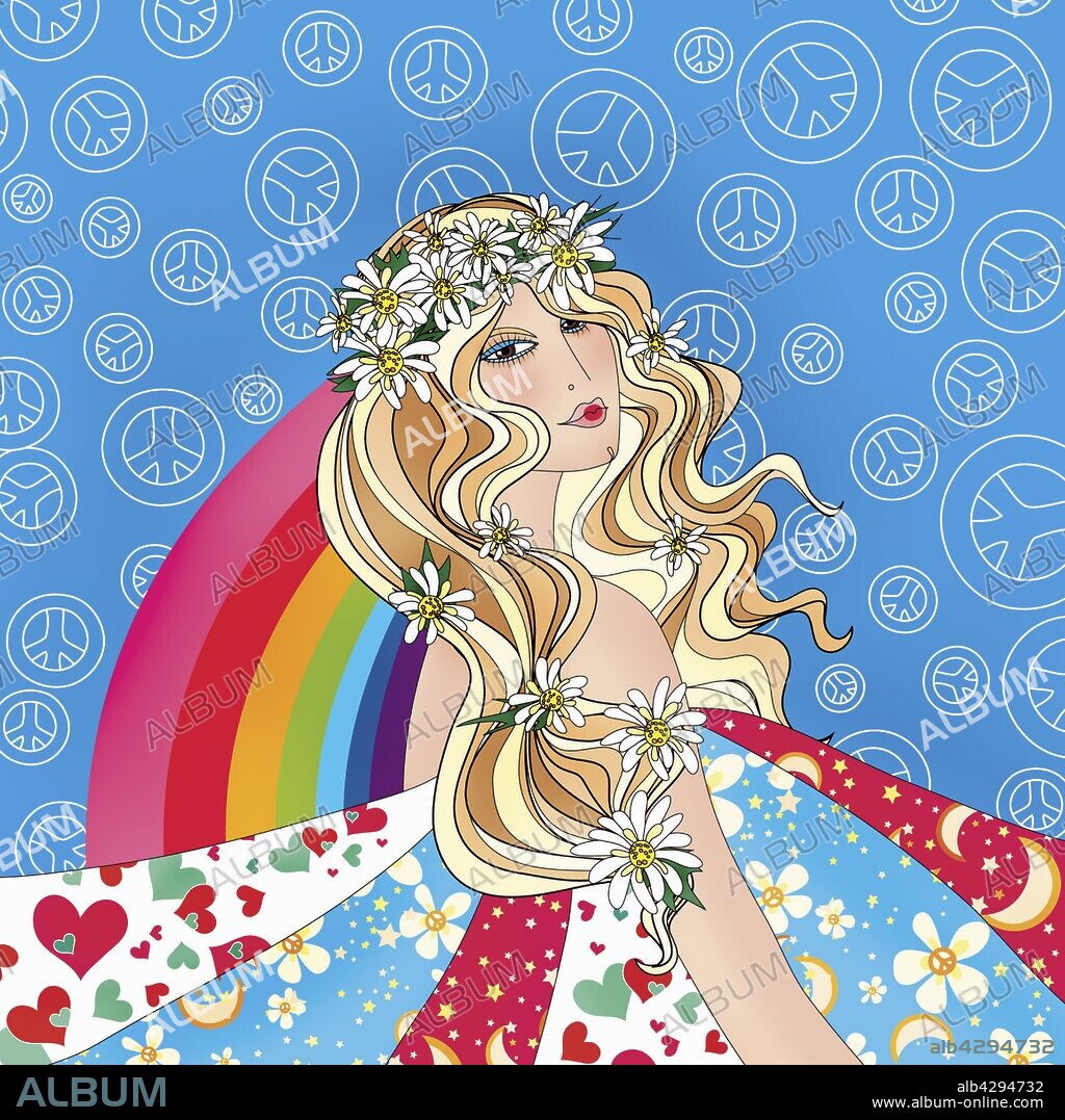 Hippy woman with love and peace symbols and flowers in hair.
